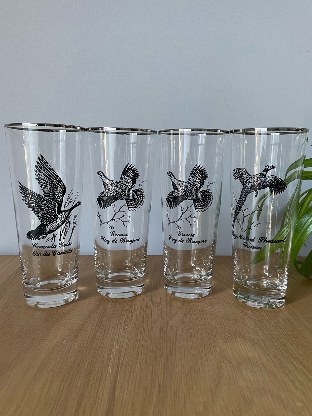Vintage Federal Glass Sportsman Game Bird Highball Glasses Silver Rim Set of 4
